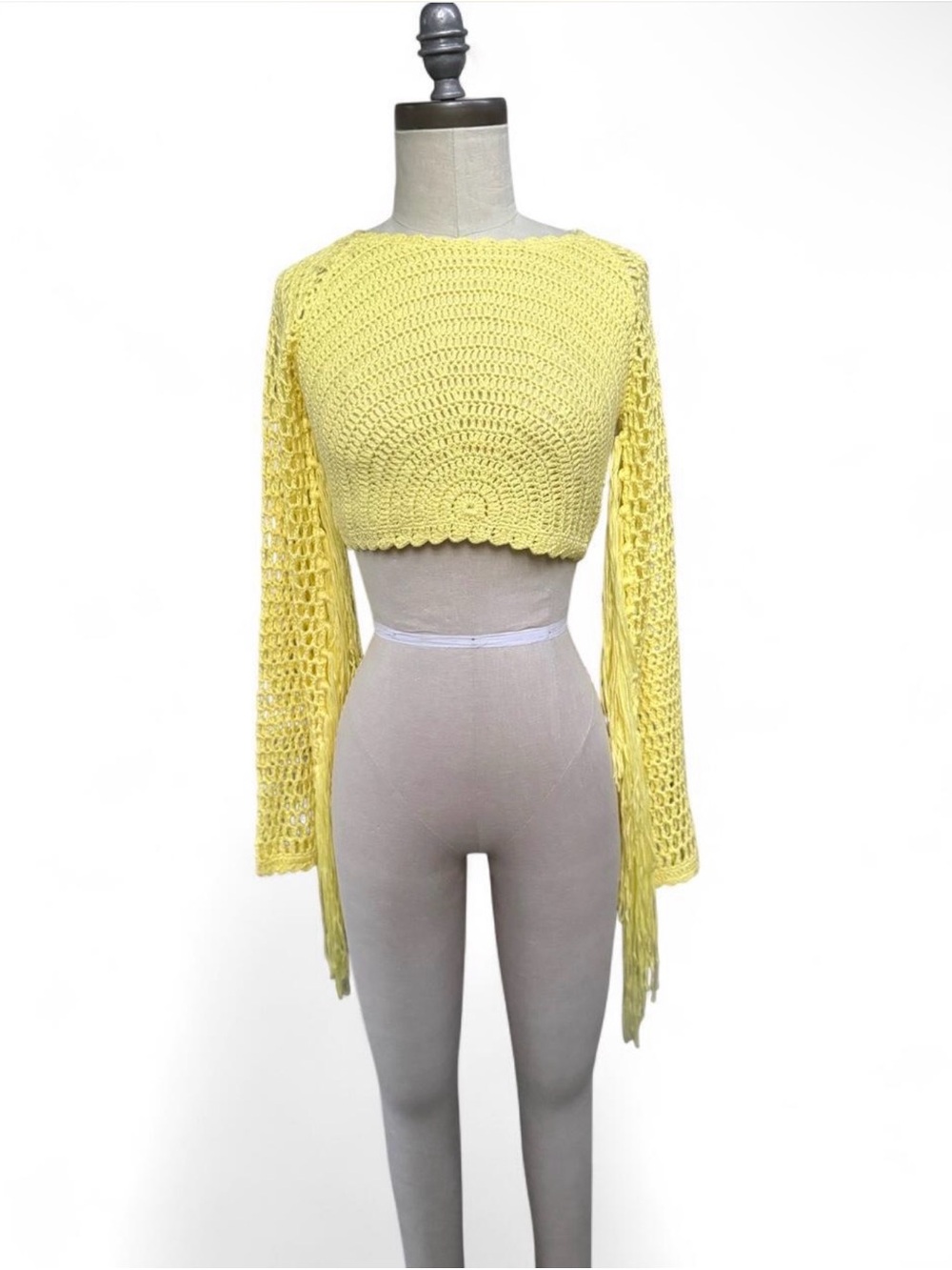 Cropped Crochet Long Sleeve Fringe Sweater - Yellow hippie boho festival sz L